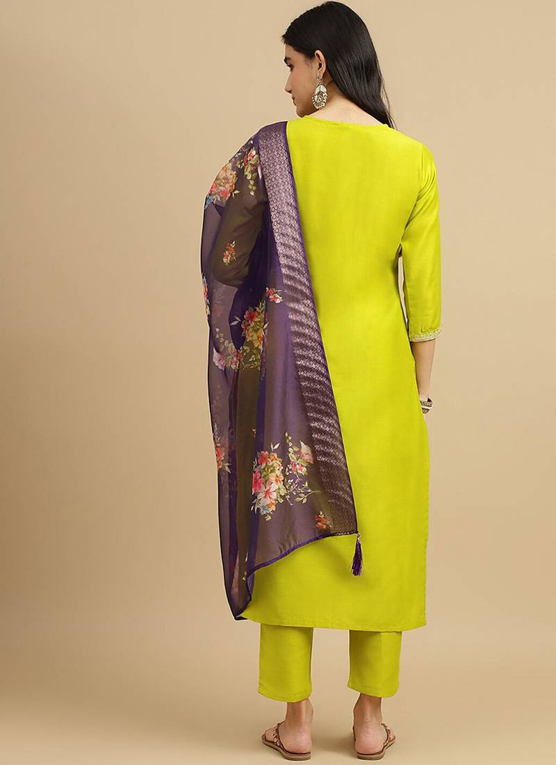 Lemon green chinon embroidered ready made kurta set