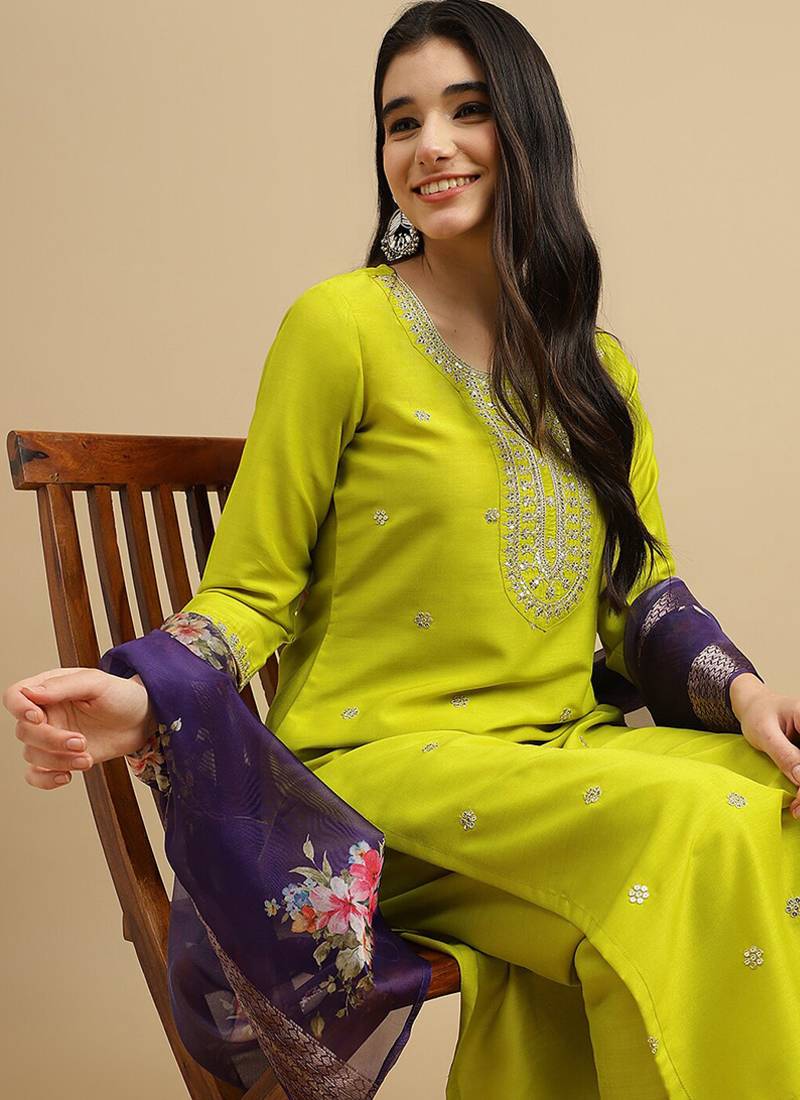 Lemon green chinon embroidered ready made kurta set