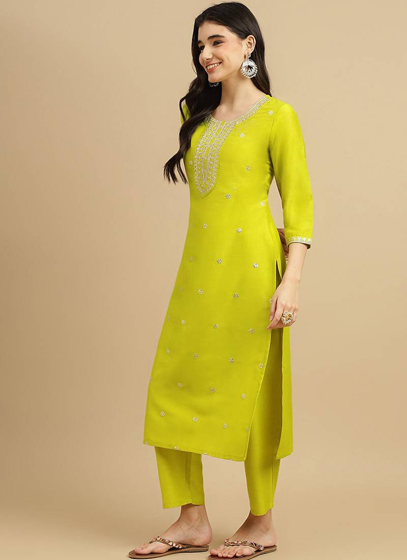 Lemon green chinon embroidered ready made kurta set