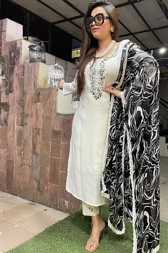 White viscose rayon embroidered kurta set