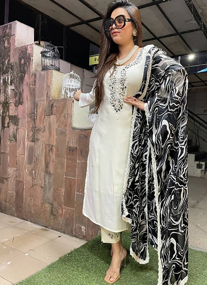 White viscose rayon embroidered kurta set