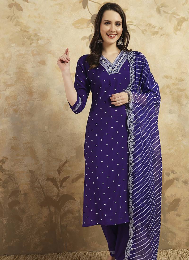 Purple chanderi silk embroidered kurta set
