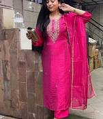 Rani pink viscose chanderi embroidered ready made kurta set