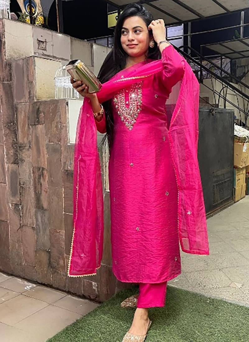 Rani pink viscose chanderi embroidered ready made kurta set