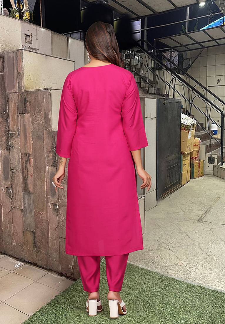 Rani pink viscose chanderi embroidered ready made kurta set