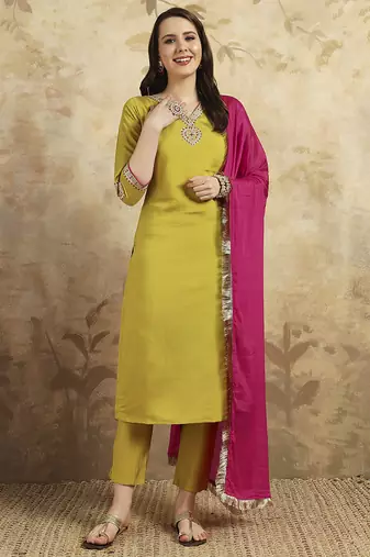 Mustard chanderi  silk embroidered ready made kurta set