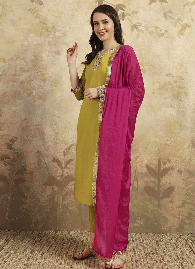 Mustard chanderi  silk embroidered ready made kurta set