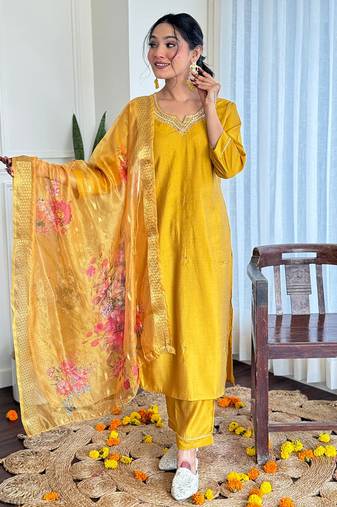 Yellow chinon silk embroidered ready made kurta set
