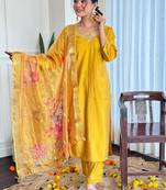Yellow chinon silk embroidered ready made kurta set