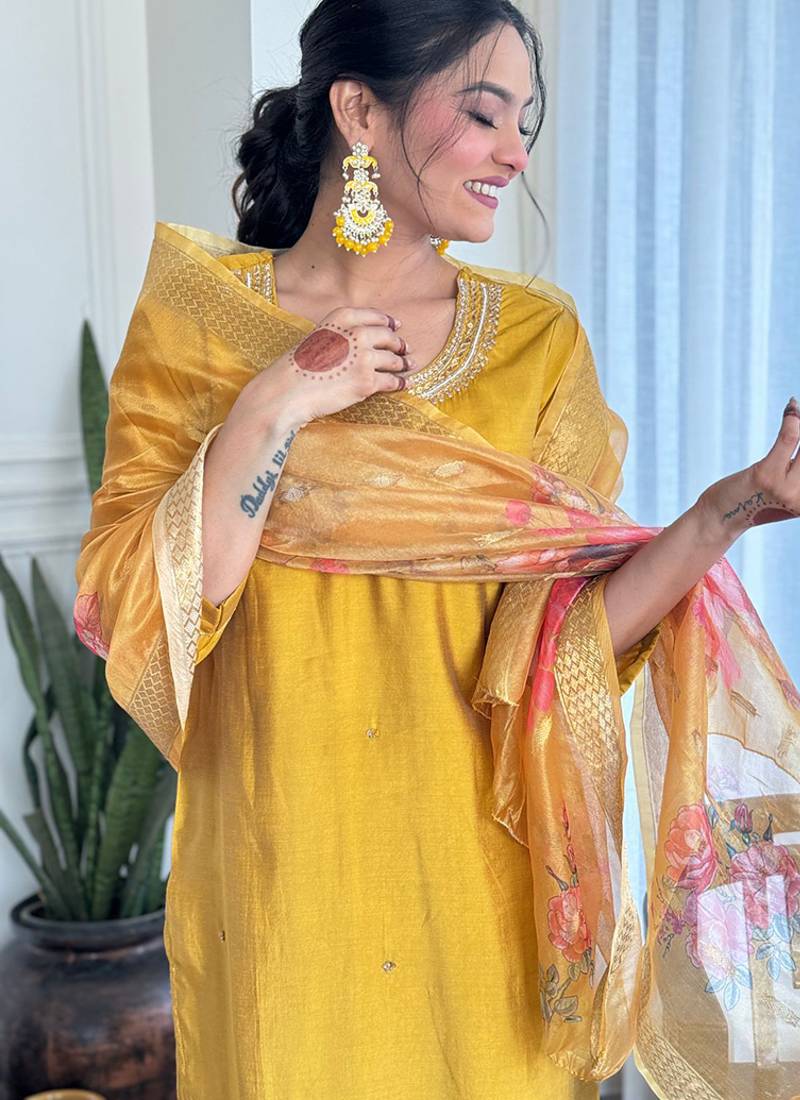 Yellow chinon silk embroidered ready made kurta set