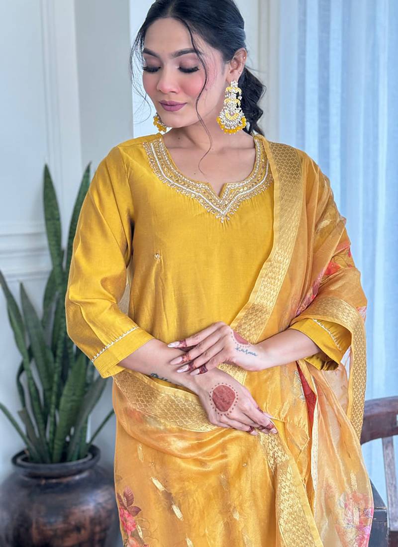 Yellow chinon silk embroidered ready made kurta set