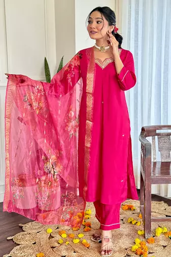 Rani pink chinon silk embroidered ready made kurta set