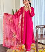 Rani pink chinon silk embroidered ready made kurta set