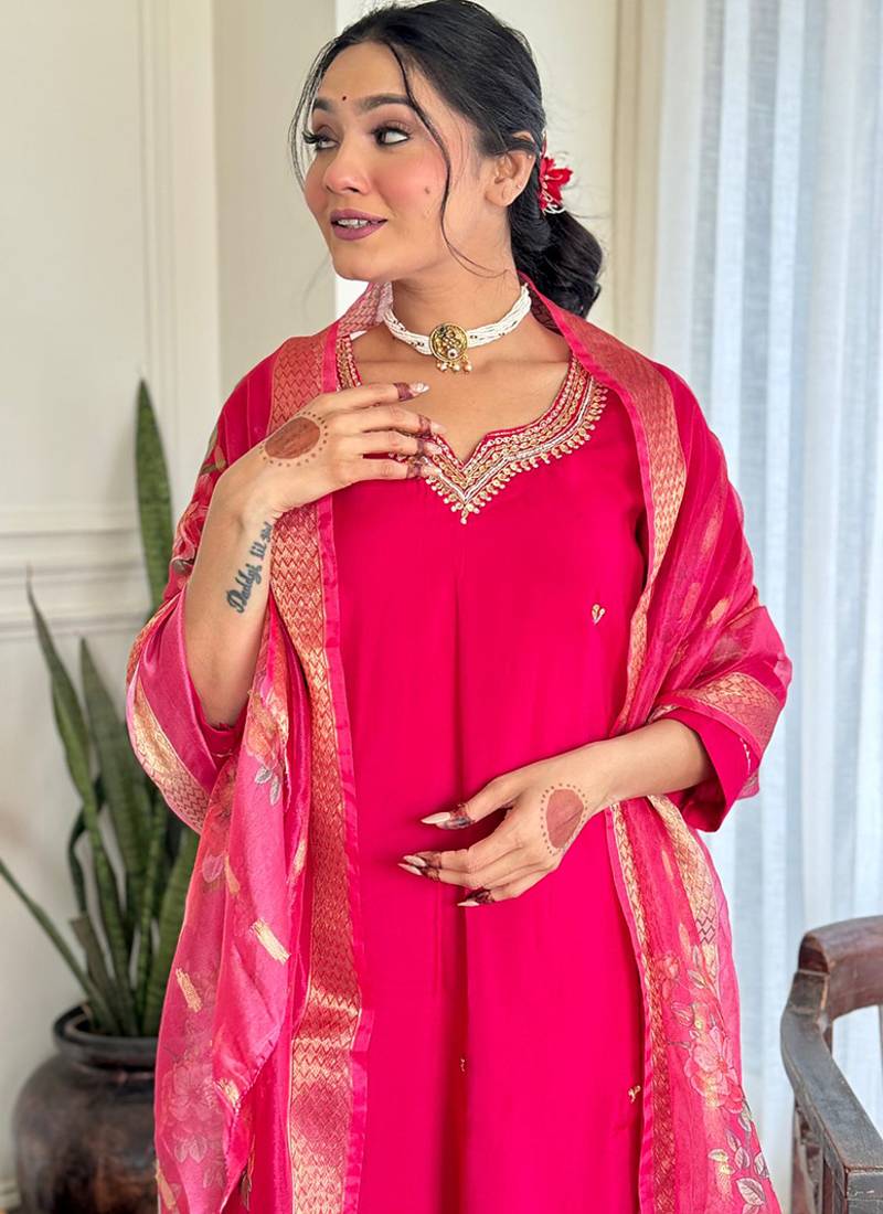 Rani pink chinon silk embroidered ready made kurta set