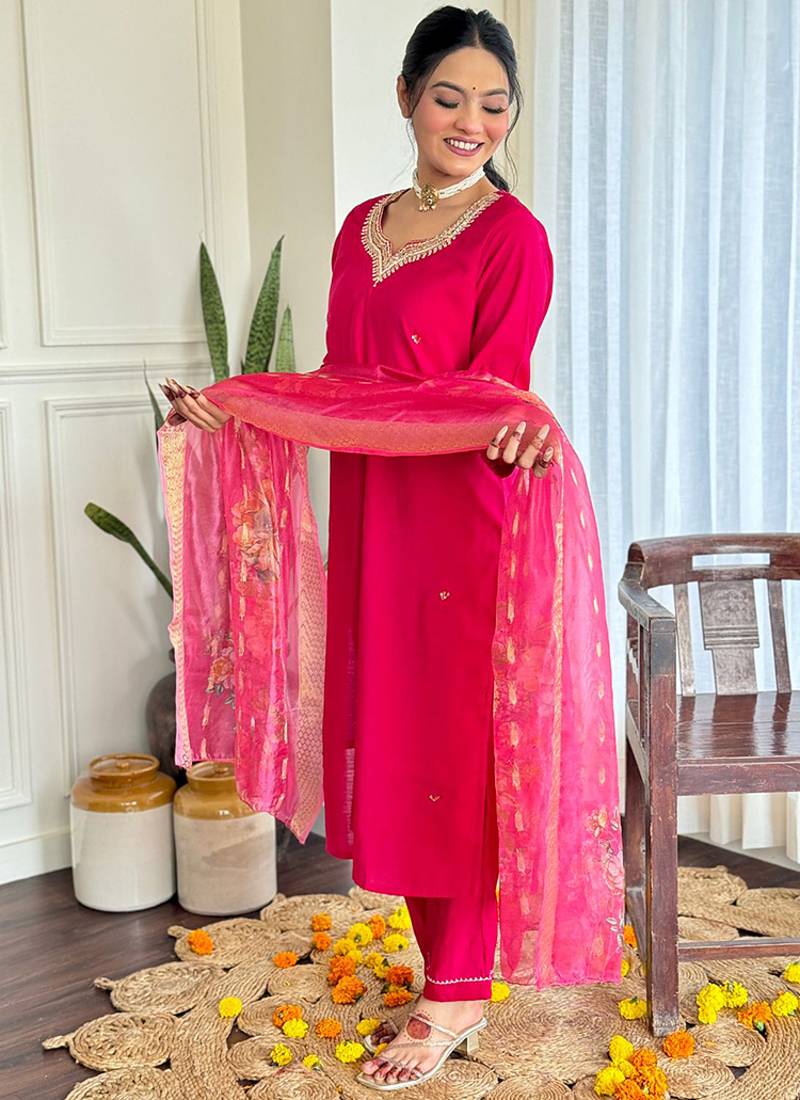 Rani pink chinon silk embroidered ready made kurta set