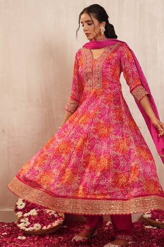 Rani pink chinon silk bandhani print ready made kurta set