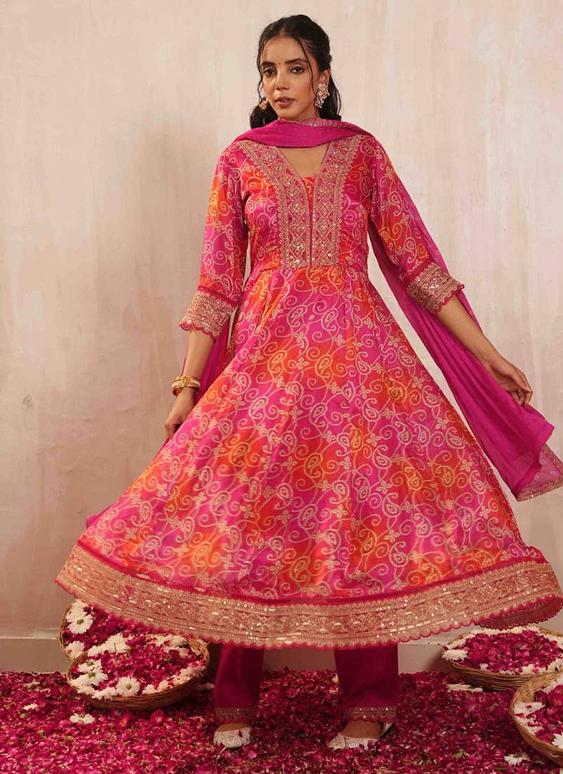 Rani pink chinon silk bandhani print ready made kurta set