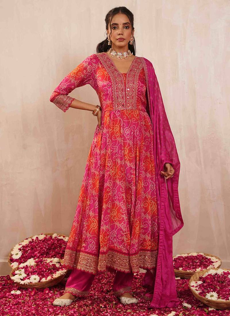 Rani pink chinon silk bandhani print ready made kurta set