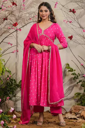 Rani pink muslin silk ready made anarkali kurta set