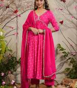 Rani pink muslin silk ready made anarkali kurta set