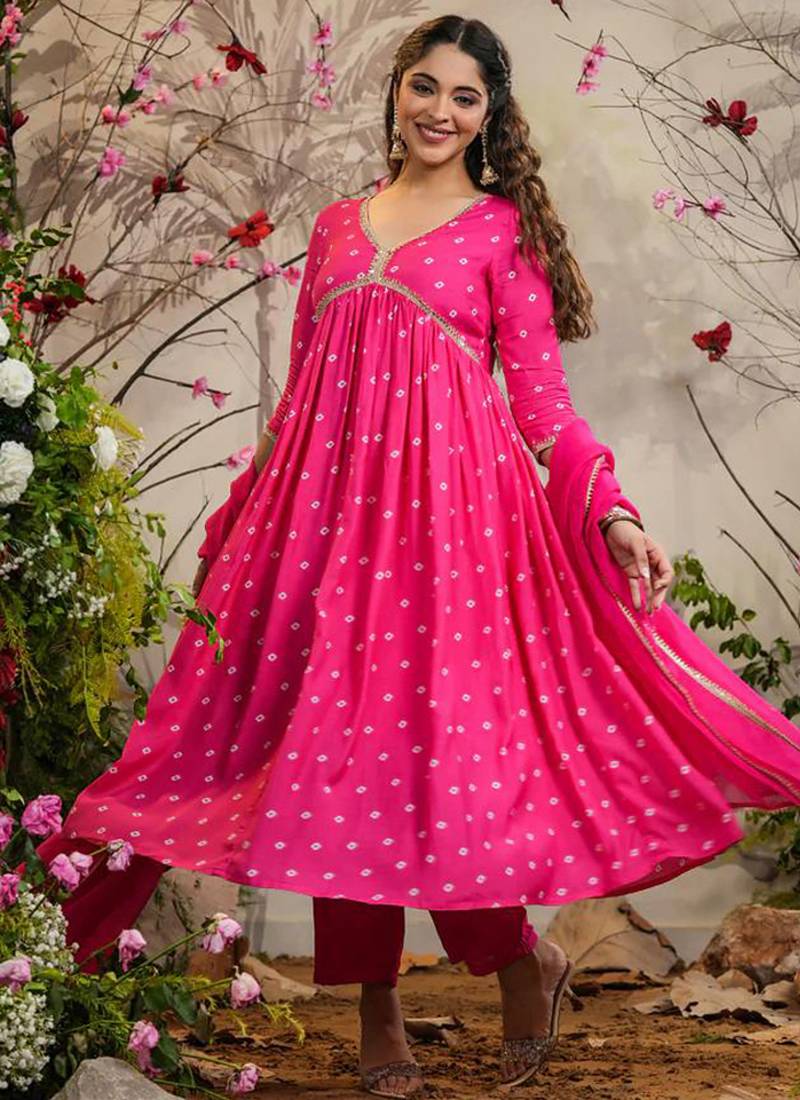 Rani pink muslin silk ready made anarkali kurta set