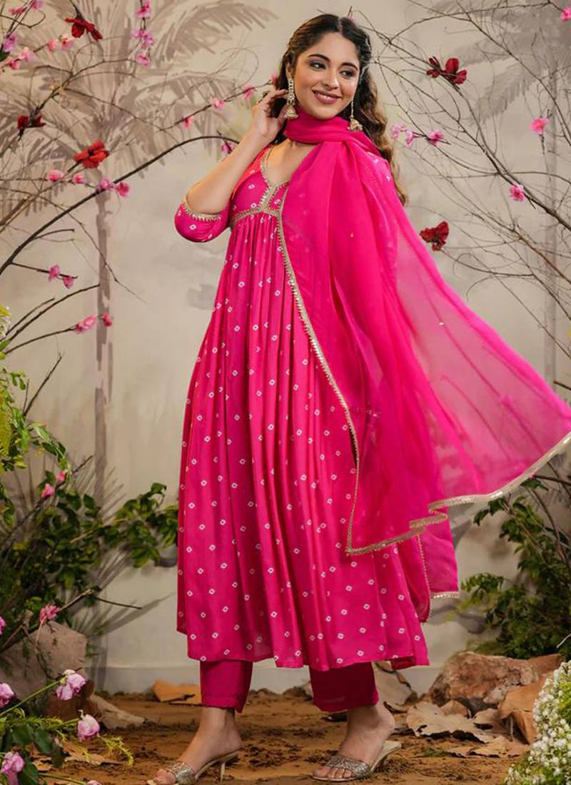 Rani pink muslin silk ready made anarkali kurta set