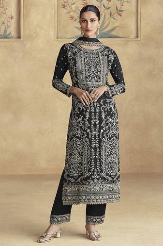 Black chinon silk embroidered work palazzo suit