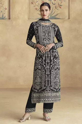 Black chinon silk embroidered work palazzo suit