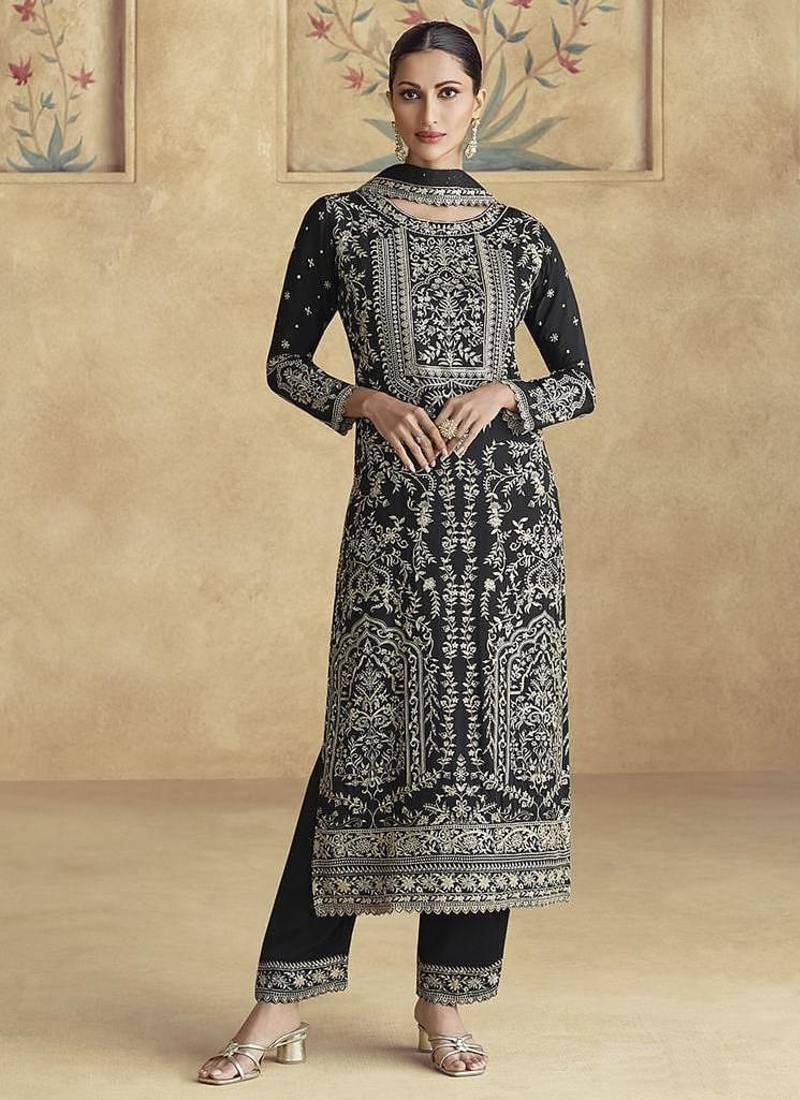 Black chinon silk embroidered work palazzo suit