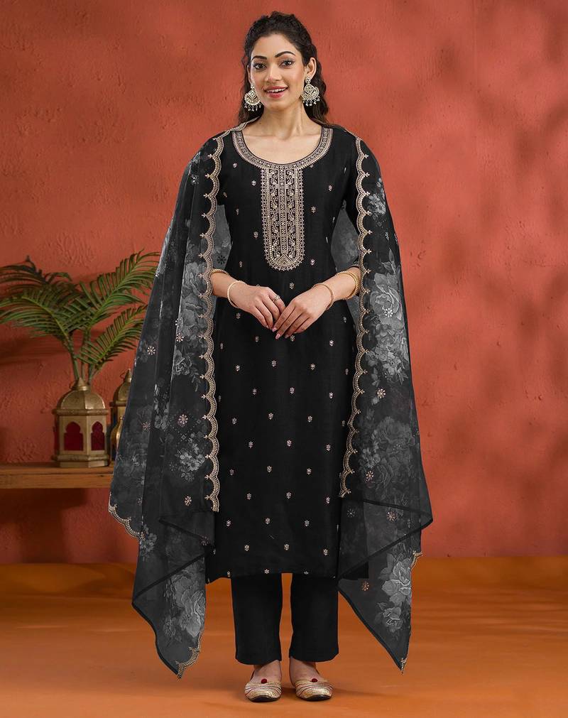 Black vichitra silk embroidered semi sttiched kurta set