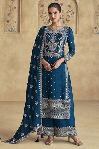 Teal blue chinon silk embroidered work palazzo suit