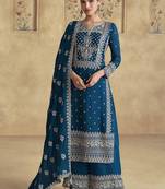 Teal blue chinon silk embroidered work palazzo suit