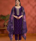 Purple vichitra silk embroidered semi sttiched kurta set