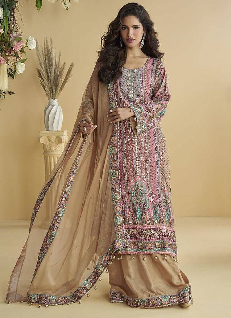 Beige crepe printed palazzo suit