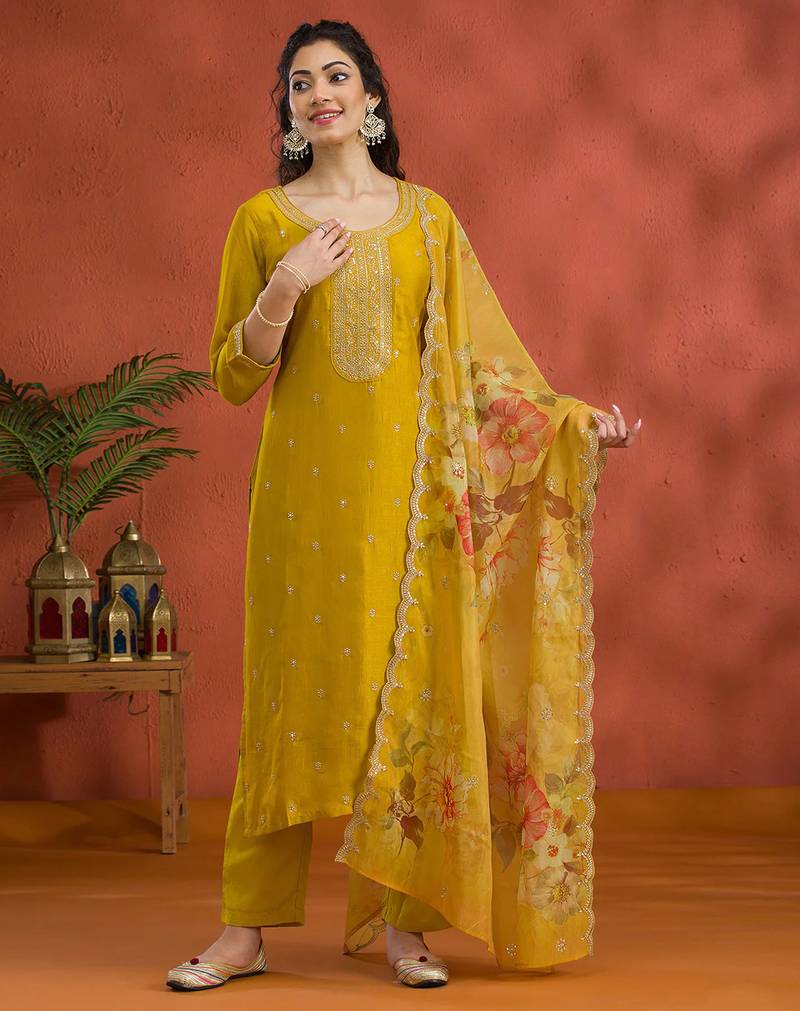 Yellow vichitra silk embroidered semi sttiched kurta set