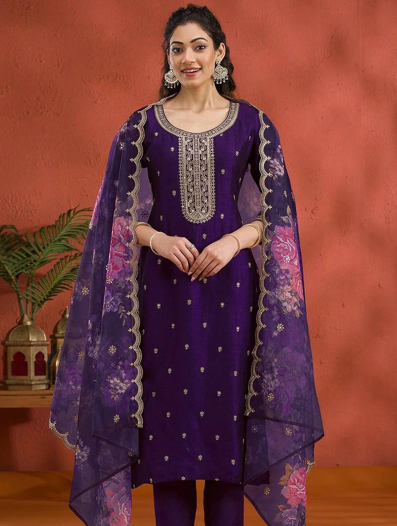 Purple vichitra silk embroidered semi sttiched kurta set