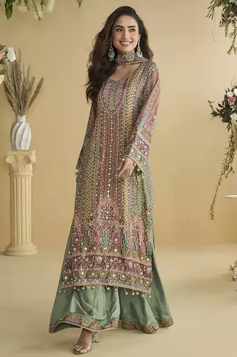 Pista green crepe printed palazzo suit