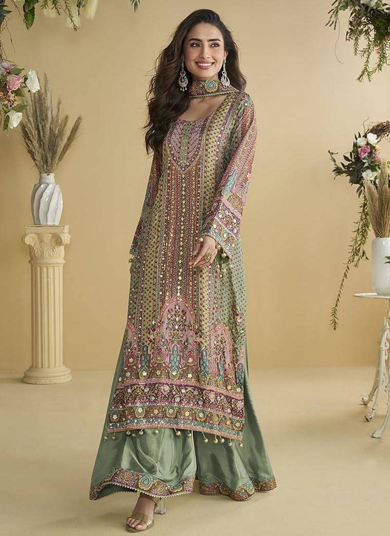 Pista green crepe printed palazzo suit
