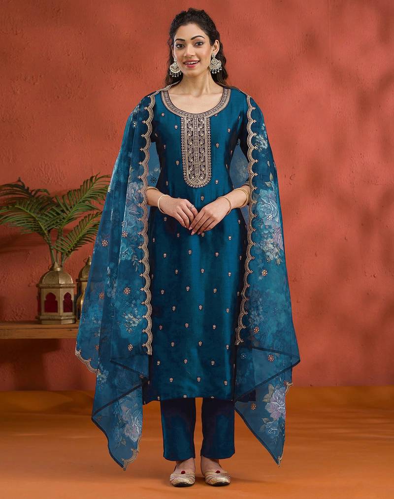 Teal blue vichitra silk embroidered semi sttiched kurta set