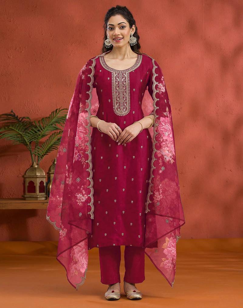 Rani pink vichitra silk embroidered semi sttiched kurta set