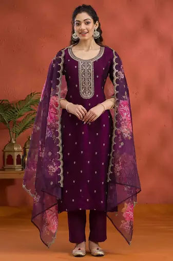 Wine vichitra silk embroidered semi sttiched kurta set