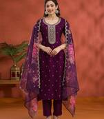 Wine vichitra silk embroidered semi sttiched kurta set