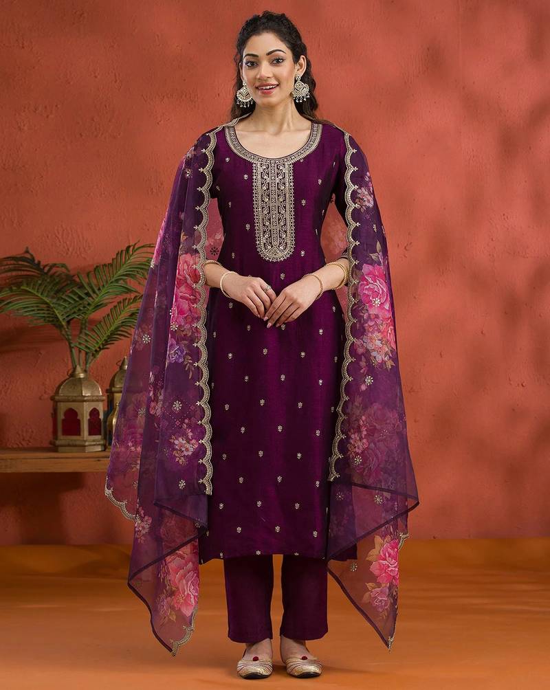Wine vichitra silk embroidered semi sttiched kurta set