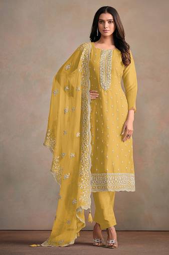 Yellow organza embroidered salwar suit