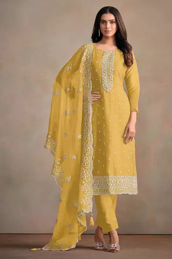 Yellow organza embroidered salwar suit