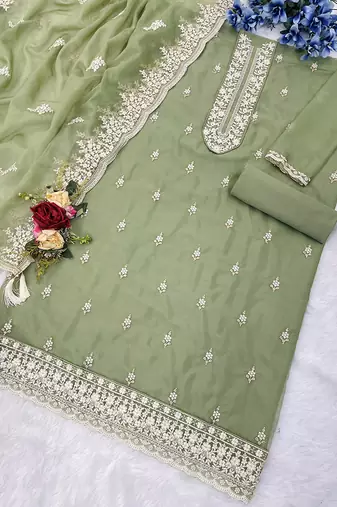 Olive green organza embroidered salwar suit