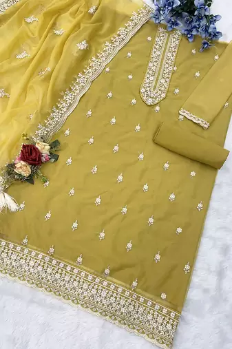 Yellow organza embroidered salwar suit