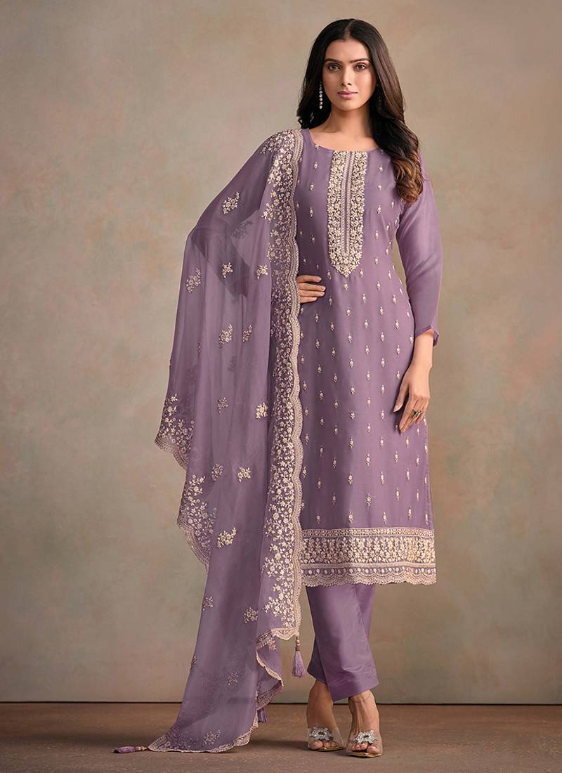 Lavender organza embroidered salwar suit