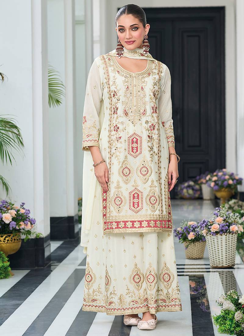 Off white chinon embroidered palazzo suit