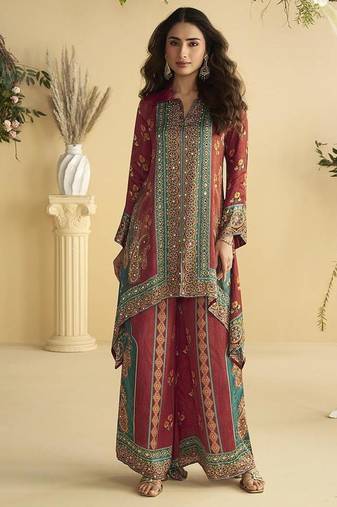 Maroon digital print crepe silk cord set